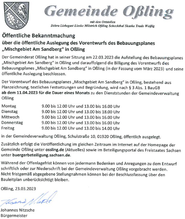 Bebauungsplan Am Sandberg Oßling