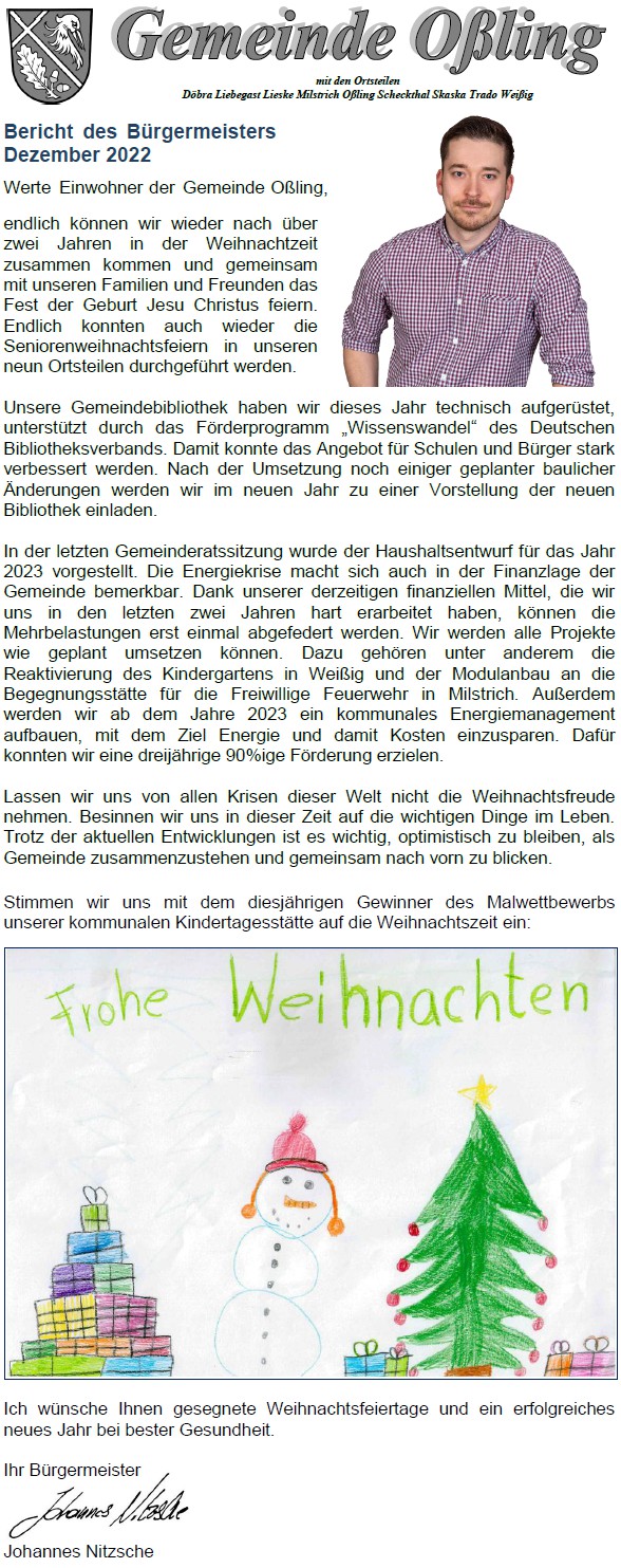Bericht des Bürgermeisters Oßling 12/2022