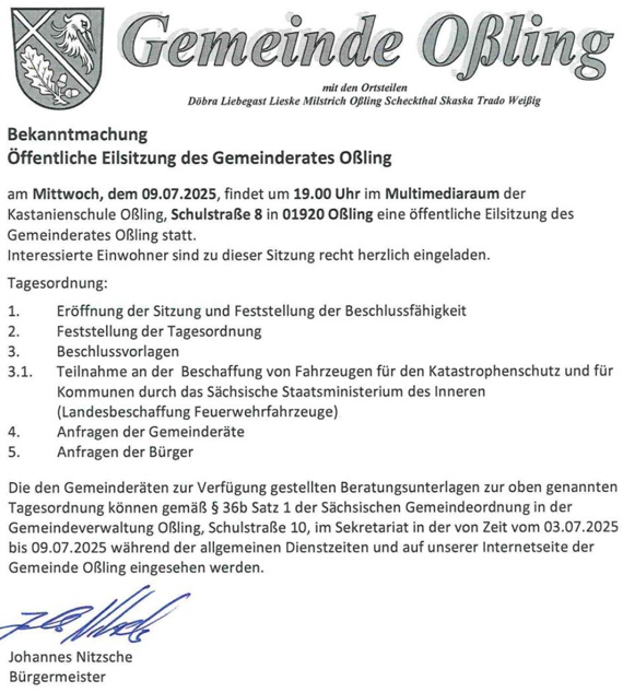 Oßling: GR-Sitzung 07/2025
