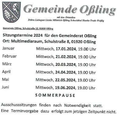 Sitzungstermine Gemeinderat Oßling 2024