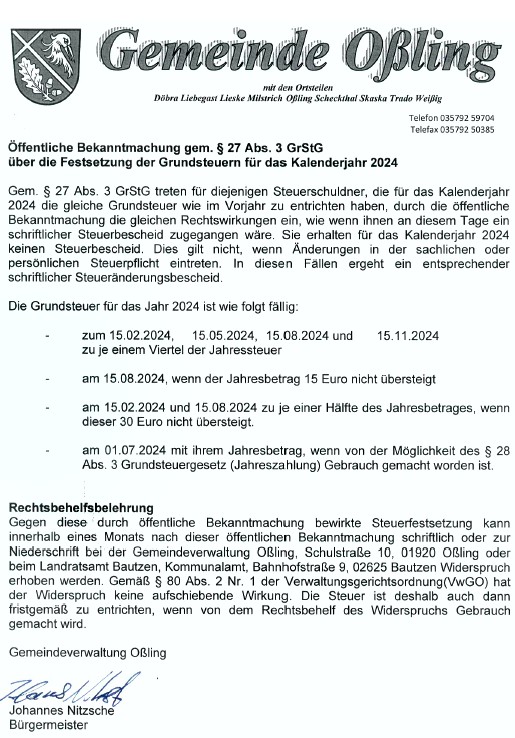 Grundsteuern Oßling 2024