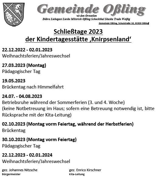 KiTa Oßling - Schließtage 2023