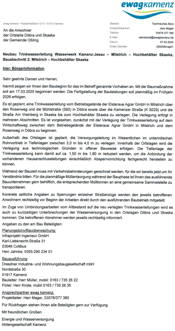 >Neubau Trinkwasserleitung Kamenz-Skaska