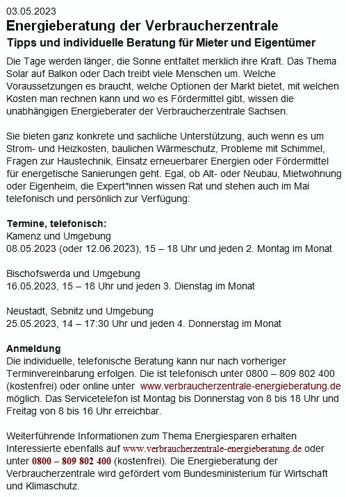 Energieberatung der Verbraucherzentrale 05/2023