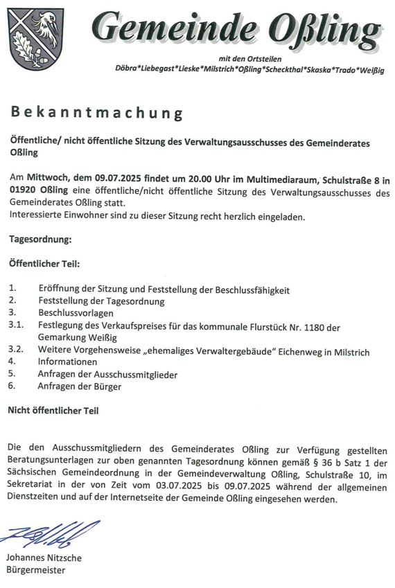 Oßling: VWA-Sitzung 07/2025